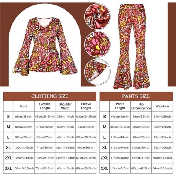 70s‎ Women Hippie Costume Set Halloween Dress Bell Bottom Boho Flared Pants - Picture 4 of 7